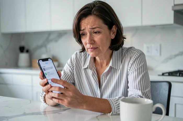 Femme consultant son téléphone pour résoudre un problème de connexion au webmail Numericable