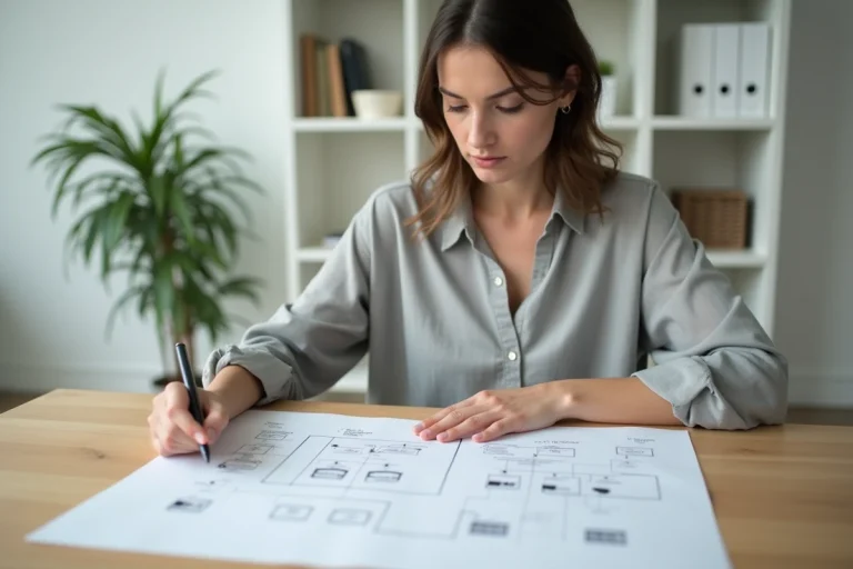 Femme étudiant un plan de site imprimé sur un bureau en bois dans un bureau minimaliste