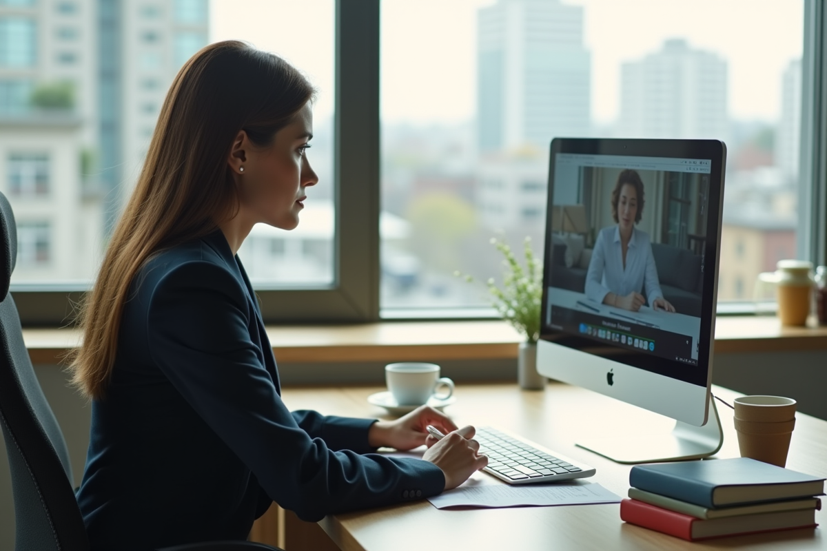 Femme professionnelle regarde formation en ligne au bureau