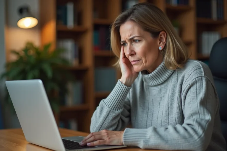 Femme frustrée devant un ordinateur portable affichant une erreur de messagerie Wanadoo bloquée