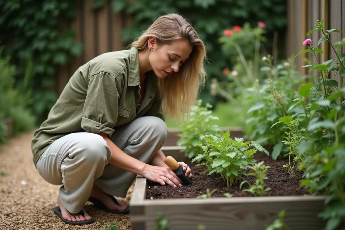 Femme plantant des herbes aromatiques dans un carré potager en bois recyclé dans un jardin naturel