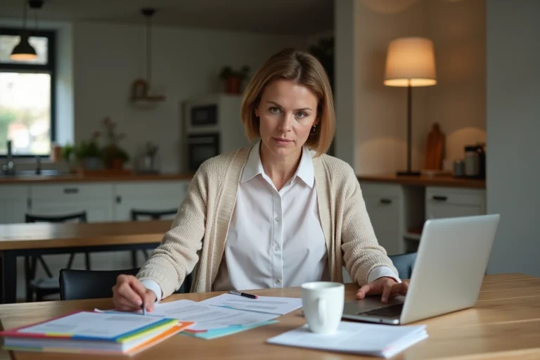 Femme d'âge moyen lisant des documents à la maison