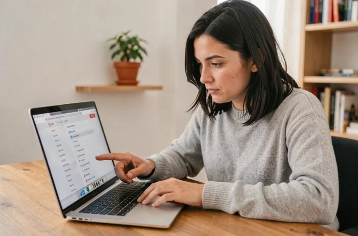 Femme naviguant sur un plan de site web depuis son bureau à domicile