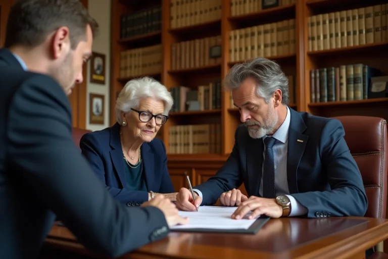 Une femme mature et un notaire examinent ensemble une procuration pour succession dans un bureau notarial traditionnel