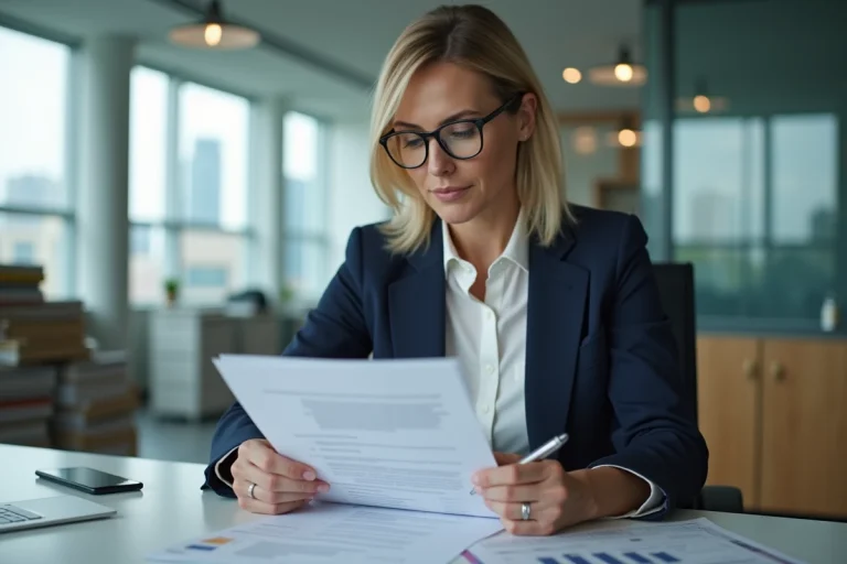 Femme professionnelle en blazer marine révisant une note de service imprimée à son bureau en open space moderne