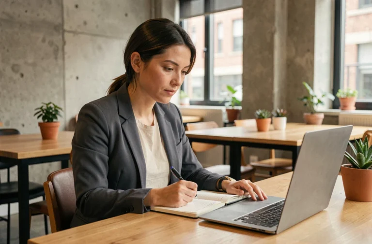 Femme professionnelle en reconversion explorant des alternatives de carrière dans un espace de coworking moderne en 2024