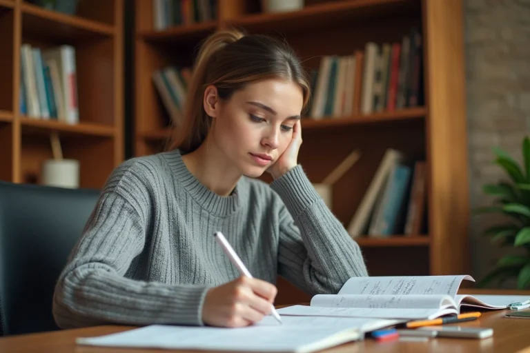 Femme concentrée relisant ses écrits à un bureau en bois couvert de notes manuscrites dans un bureau à domicile chaleureux