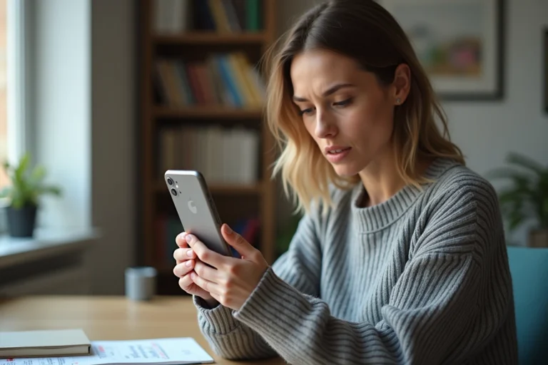 Femme tenant un smartphone affichant une notification d'appel manqué, assise dans un bureau à domicile