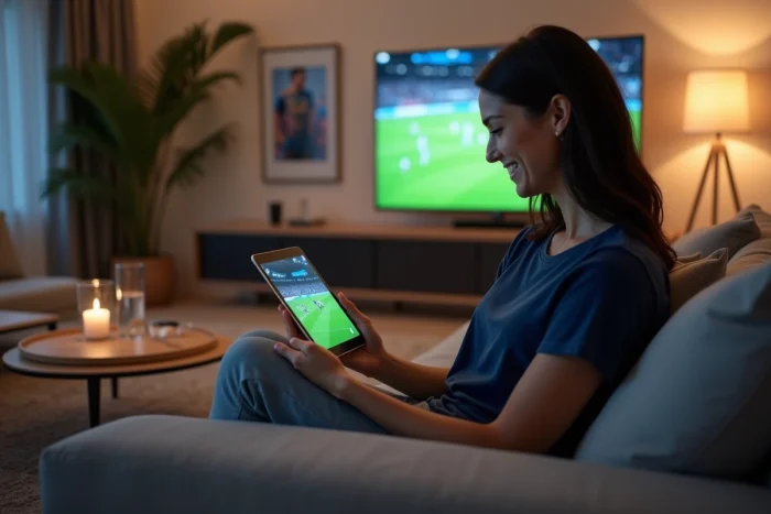 Femme accédant à un service de streaming sportif sur tablette dans son salon