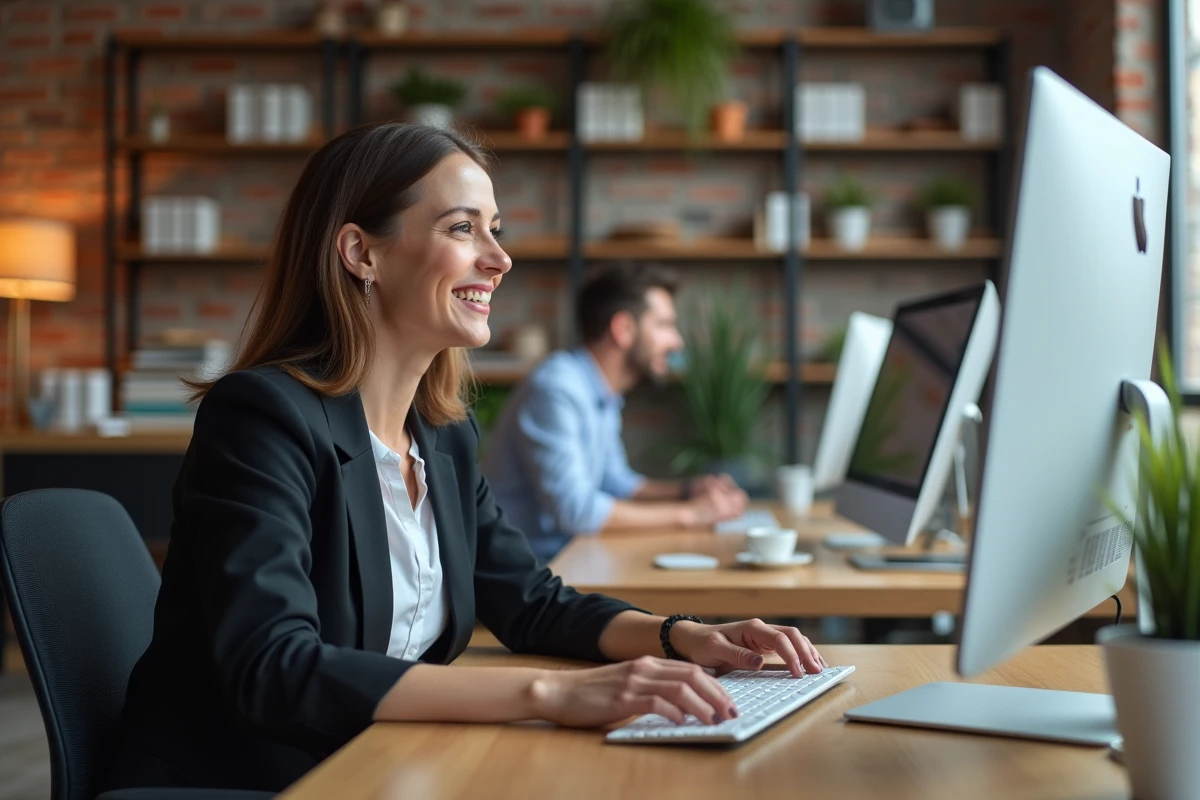 Femme souriante utilisant un assistant virtuel sur son ordinateur au bureau