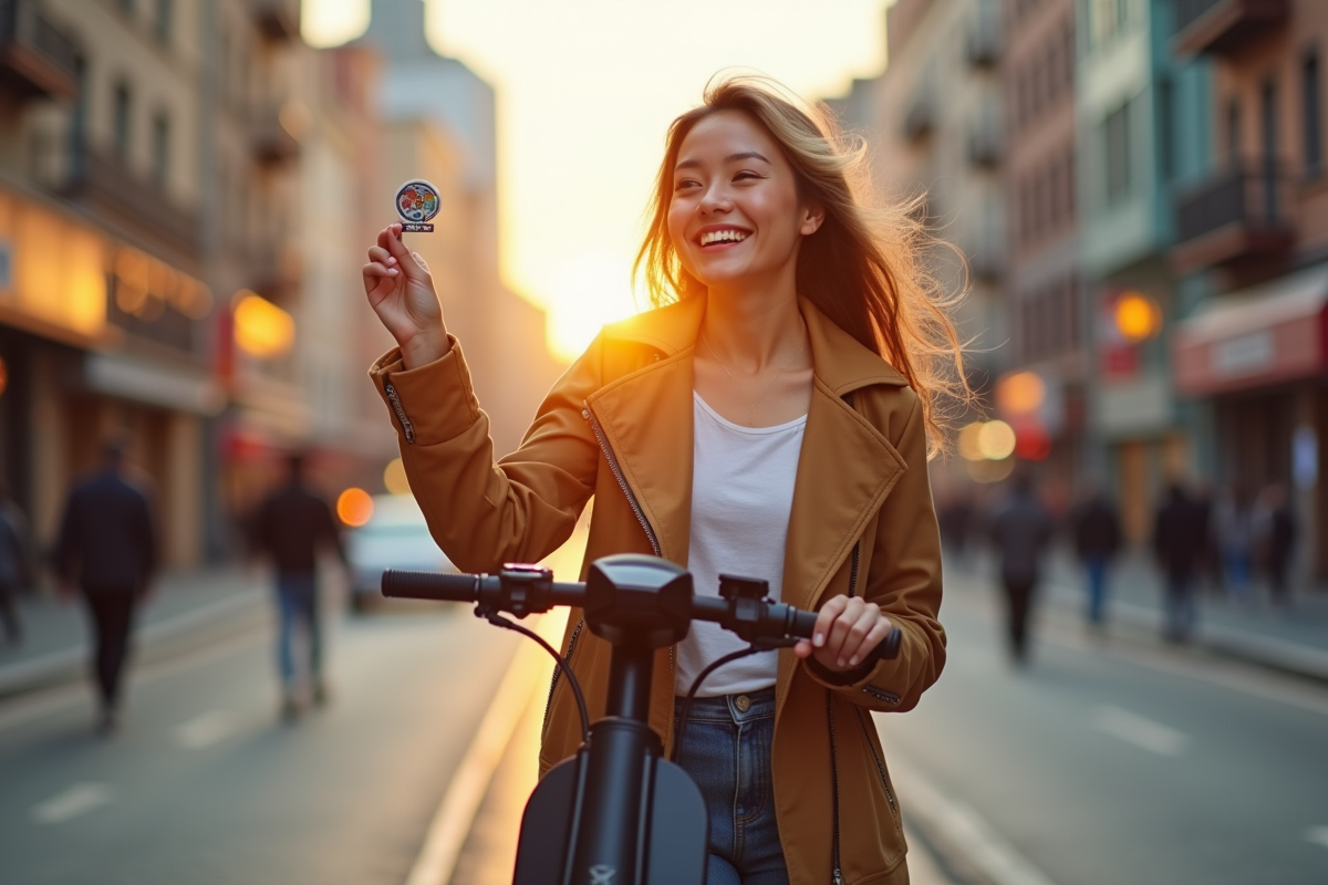 Femme souriante avec une épingle de voyage dans la ville