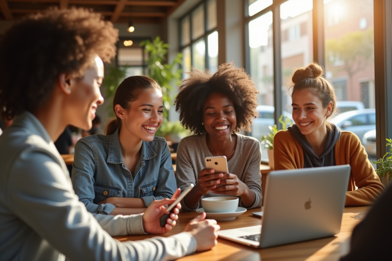 Groupe de personnes diverses utilisant appareils au café