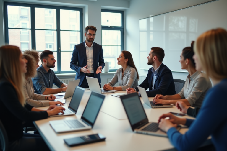 Groupe divers en atelier formation moderne avec ordinateurs