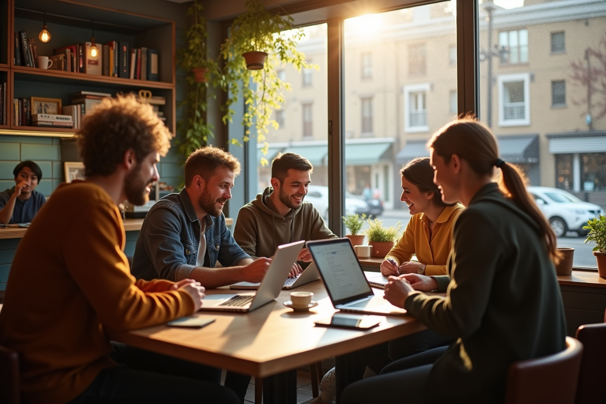 Groupe d adultes en café collaborant avec appareils numériques