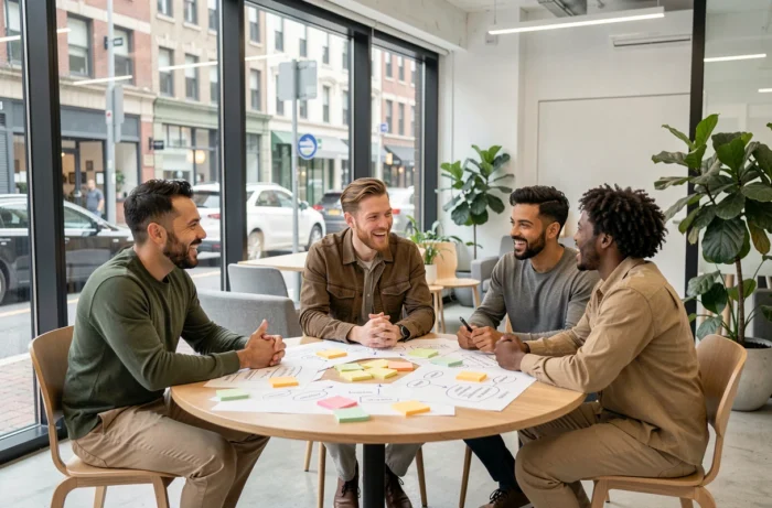 Groupe de professionnels collaborant sur de nouvelles alternatives de carrière innovantes dans un bureau moderne en 2024