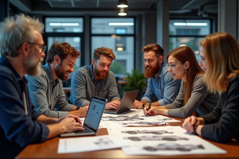 Groupe de passionnés d'automobiles discutant en coworking