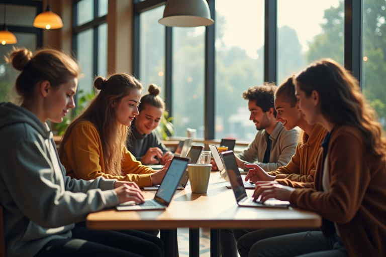 Groupe d'étudiants divers dans un café lumineux utilisant des appareils numériques