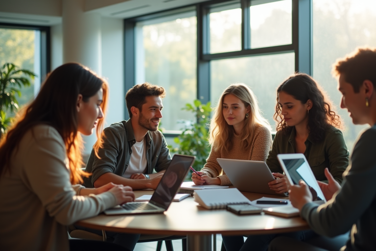 Groupe d'étudiants divers dans un lounge moderne pour étudier