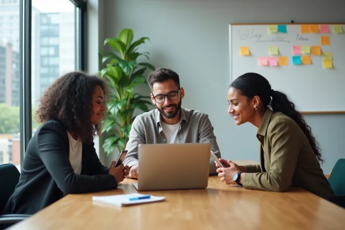 Groupe de professionnels discutant des dernières actualités et innovations du web autour d'une table dans un espace de coworking