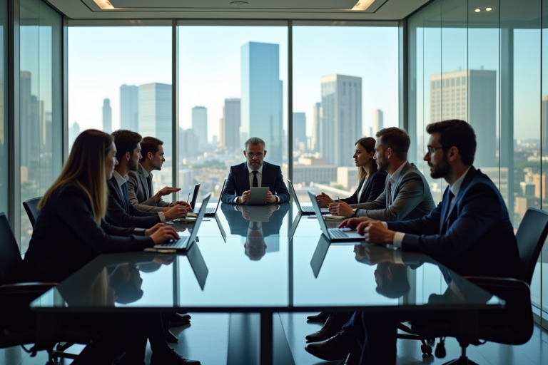 Groupe de professionnels collaborant dans un bureau moderne avec vue sur la ville
