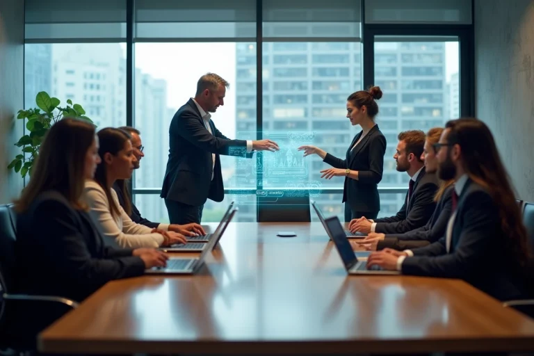 Groupe de professionnels autour d'une table avec assistant holographique