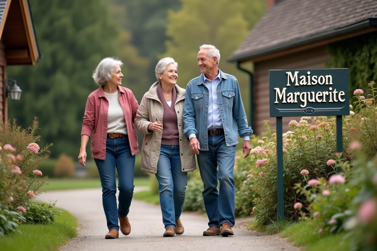 Groupe de seniors et aidants devant la maison