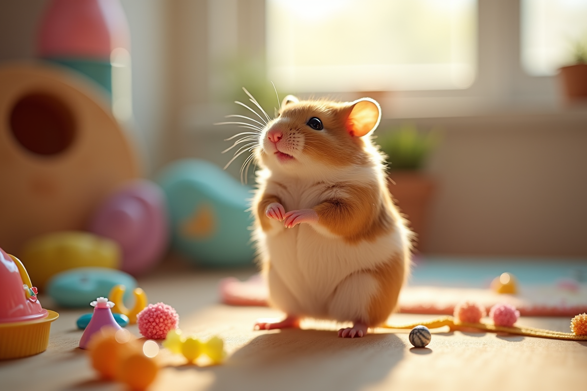 Un hamster debout dans son habitat coloré et bien rangé