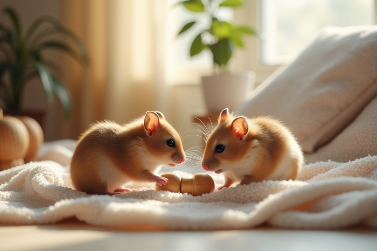 Deux hamsters explorant un salon lumineux et confortable