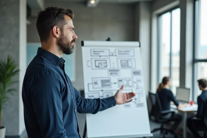 Homme présentant une architecture de site web sur un tableau blanc dans un bureau moderne