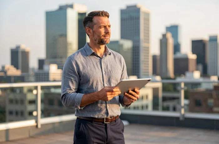 Homme d'affaires en pleine réflexion sur son avenir professionnel depuis un toit terrasse urbain en 2024