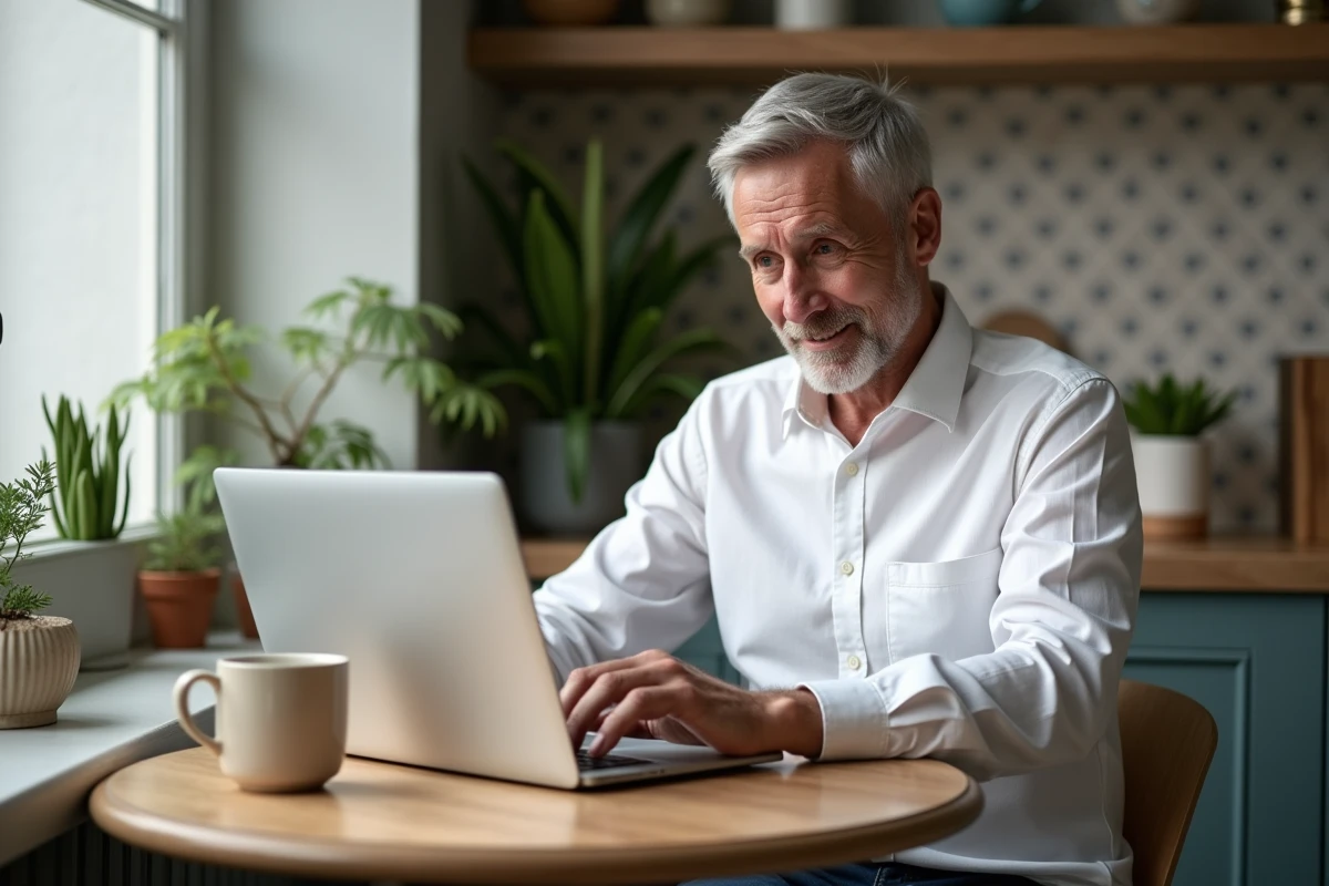 Homme souriant vérifiant ses emails dans une cuisine chaleureuse