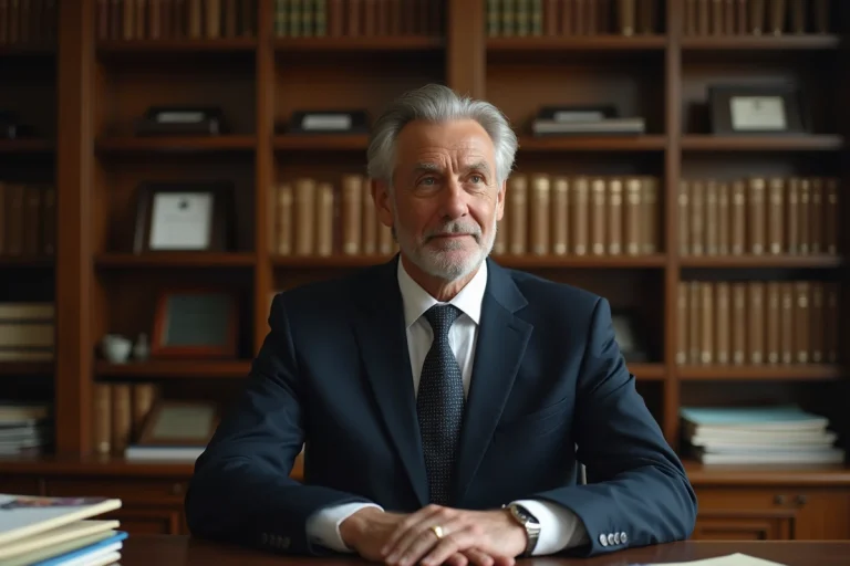 Portrait d'un homme élégant en costume sombre assis à un bureau privé, expression réservée et introspective, illustrant la discrétion publique d'une personnalité