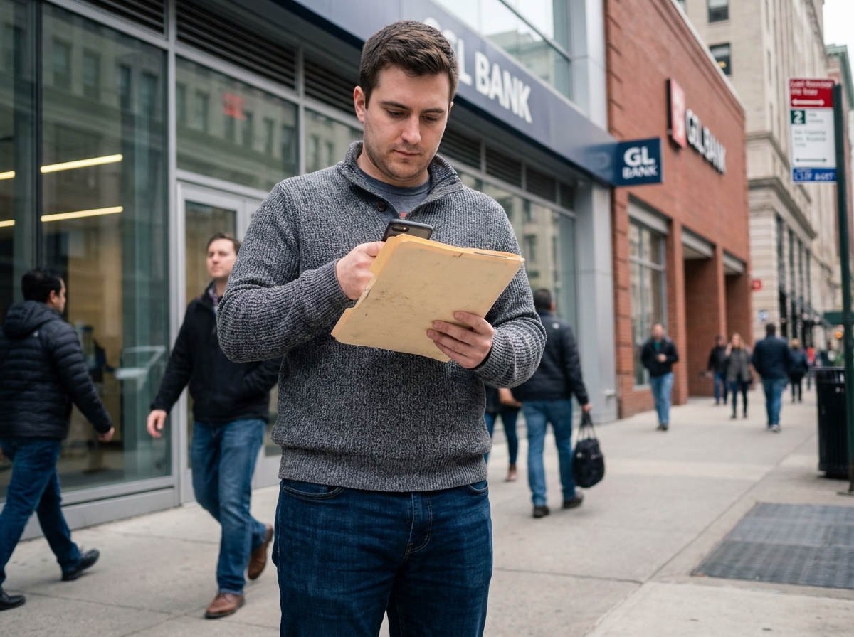 Jeune homme dehors devant une banque avec dossier