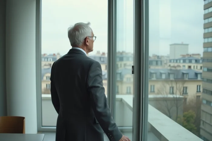Homme de dos en blazer sombre regardant par une fenêtre urbaine, posture réflexive et discrète évoquant la protection de la vie privée d'une figure publique