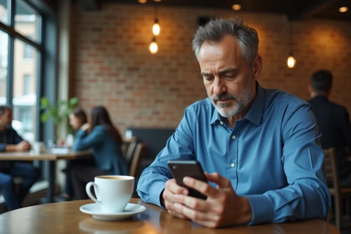 Homme en chemise bleue consultant l'historique d'appels de son téléphone dans un café urbain