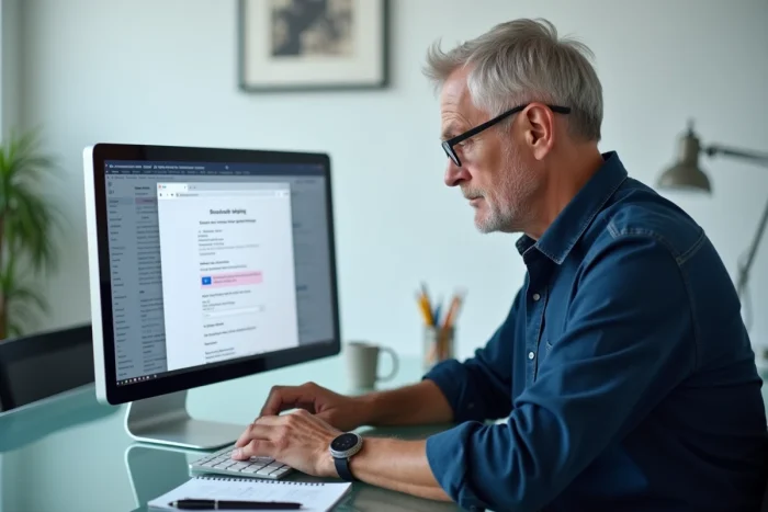 Homme consultant les paramètres de son compte mail Wanadoo bloqué sur un ordinateur de bureau