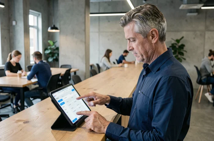 Homme consultant un plan de site mobile sur une tablette dans un espace de coworking