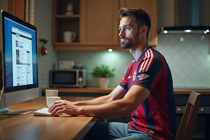 Homme consultant un site de streaming de sport en ligne depuis un ordinateur de bureau dans la cuisine