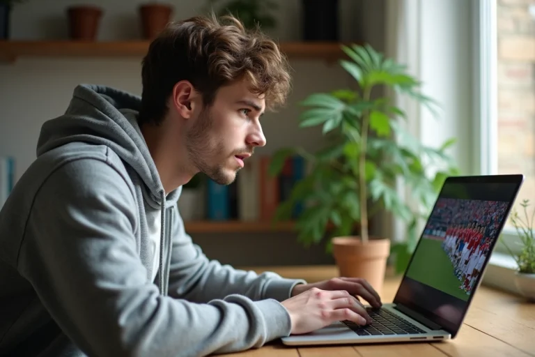 Homme regardant un site de streaming sportif sur son ordinateur portable à domicile