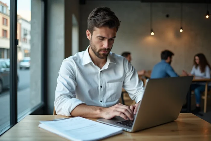 Jeune homme travaillant sur la structure de ses écrits avec un ordinateur portable et un carnet dans un café urbain moderne