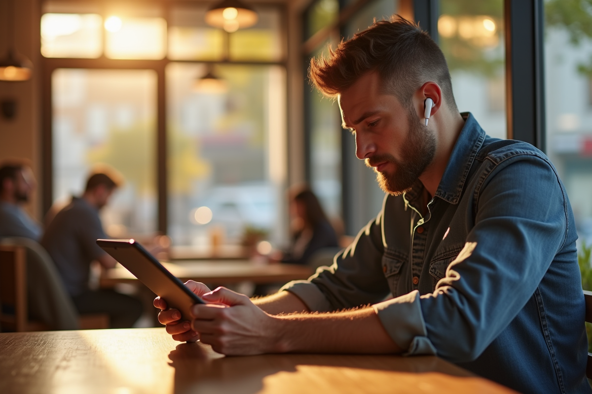 Homme utilisant une tablette pour consulter ses finances dans un café lumineux