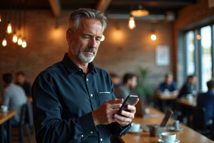 Homme lisant les innovations et tendances technologiques sur son smartphone dans un café urbain animé