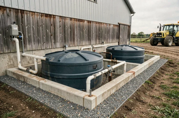 Installation professionnelle de cuves de récupération d'eau de pluie enterrées sur une exploitation agricole française