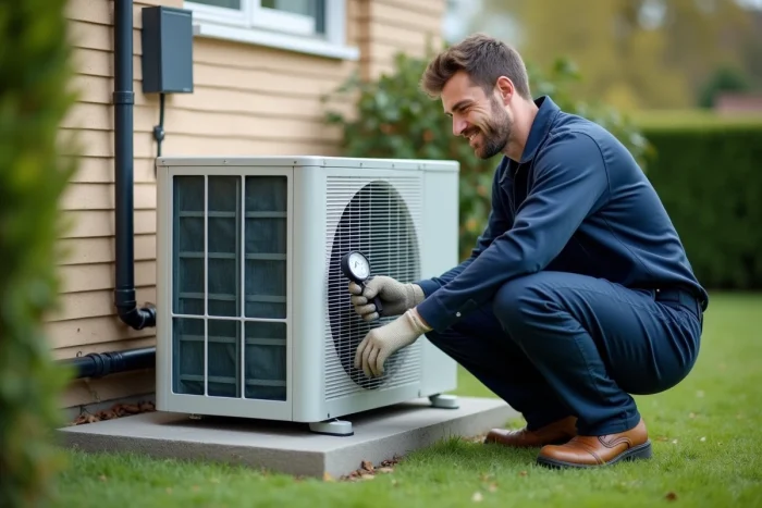Technicien installant une pompe à chaleur air-eau sur un socle en béton à l'extérieur d'une maison moderne