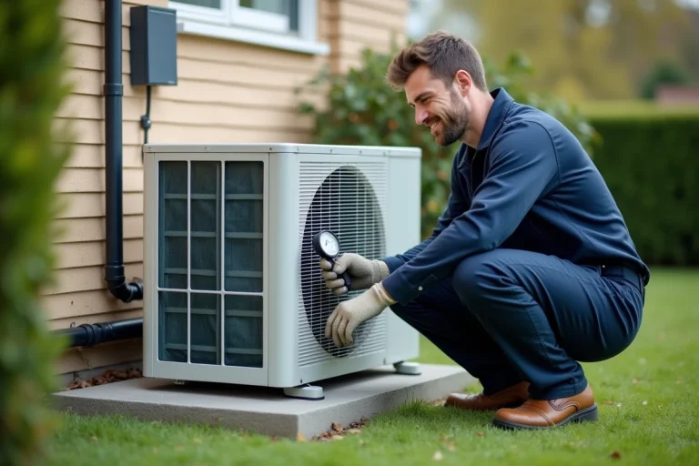 Technicien installant une pompe à chaleur air-eau sur un socle en béton à l'extérieur d'une maison moderne