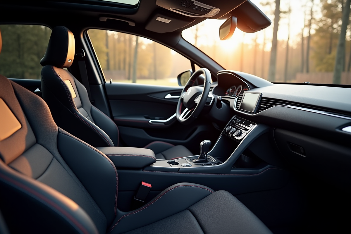 Intérieur d une Peugeot 308 Gti avec sièges sport et tableau de bord moderne