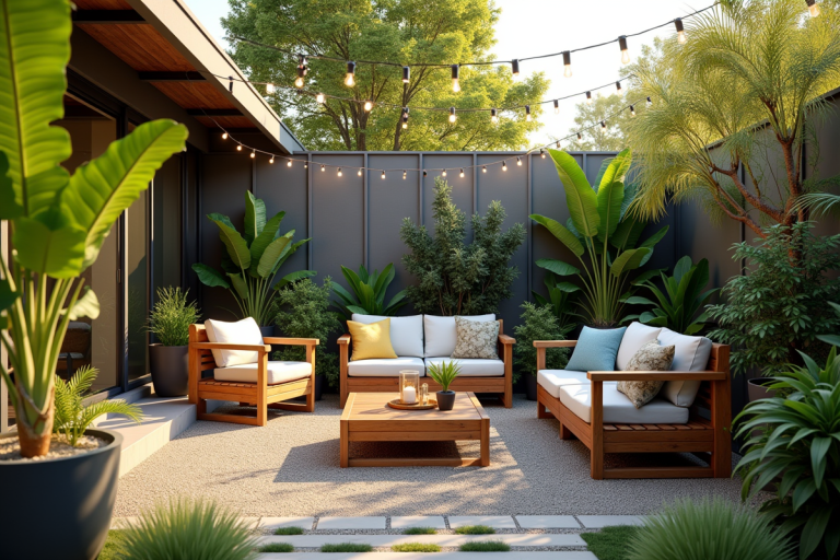Jardin extérieur moderne avec mobilier en bois et lumières
