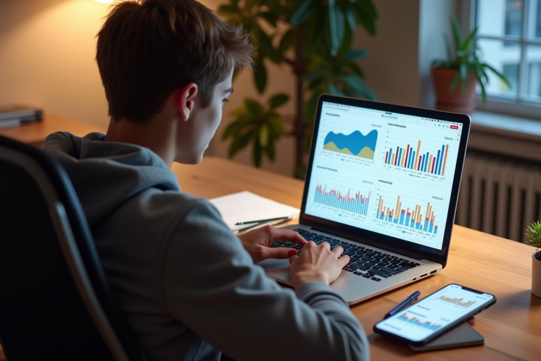 Jeune adulte analysant des graphiques de bonus casino en ligne dans un bureau lumineux
