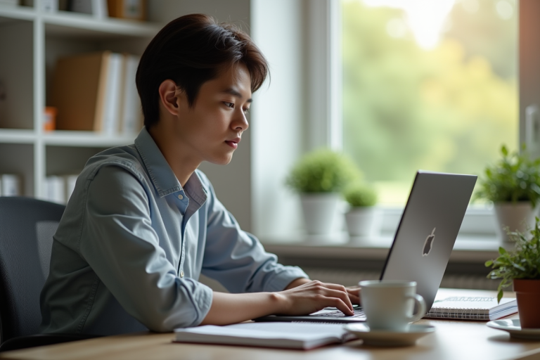 Jeune adulte tapant sur un ordinateur dans un bureau lumineux