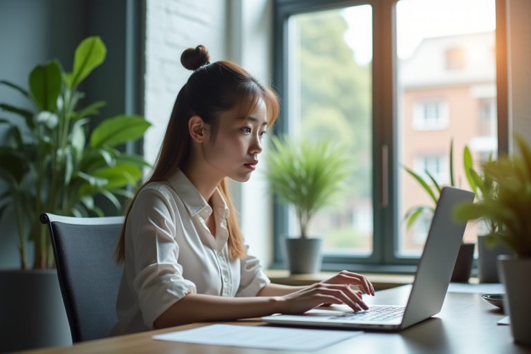 Jeune femme professionnelle au bureau regardant son ordinateur
